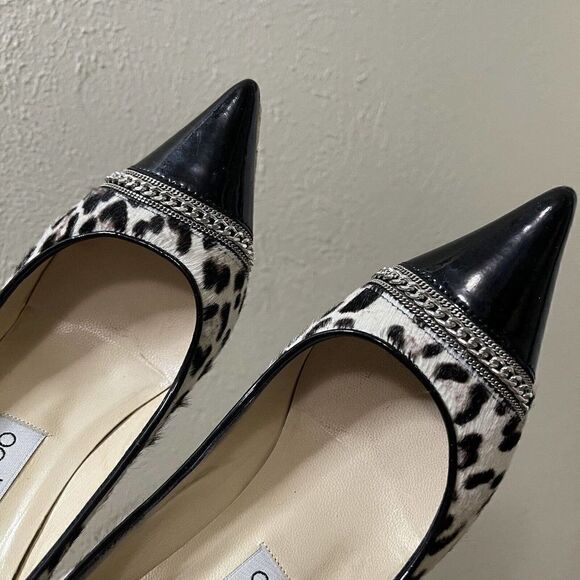 JIMMY CHOO Leopard Fur spotted Patent Point toe Pumps size 37.5 - Picture 6 of 11